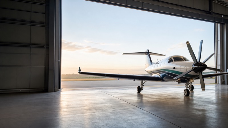 Pilatus PC-12 NGX in sunlit hangar