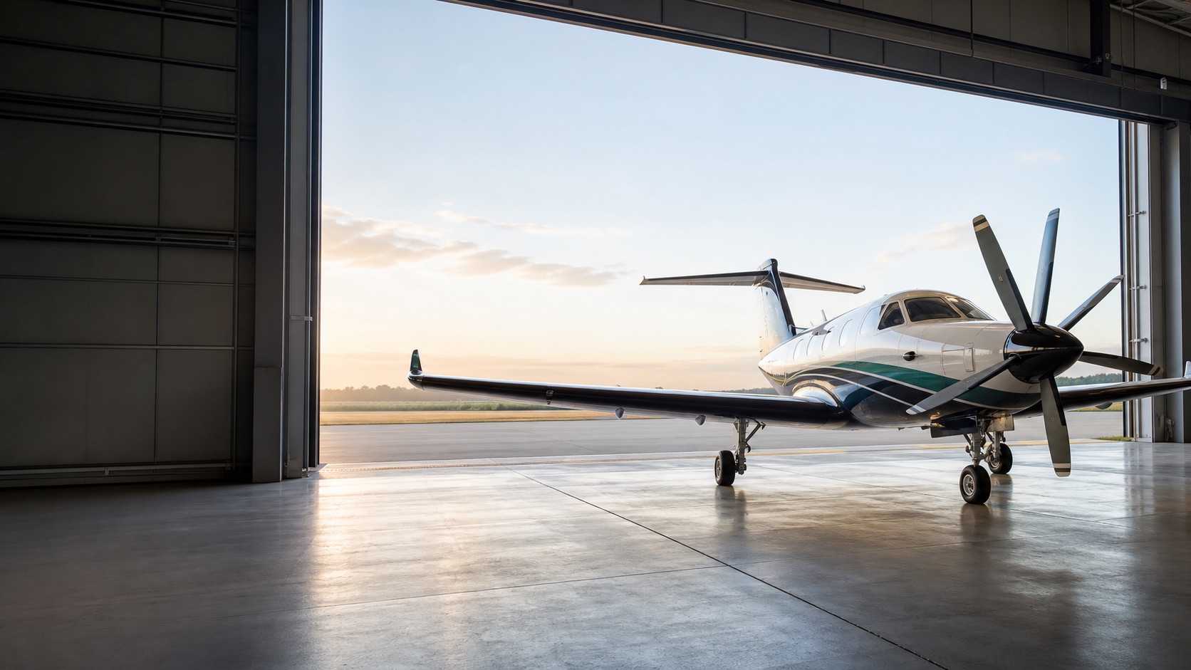 Pilatus PC-12 NGX in sunlit hangar