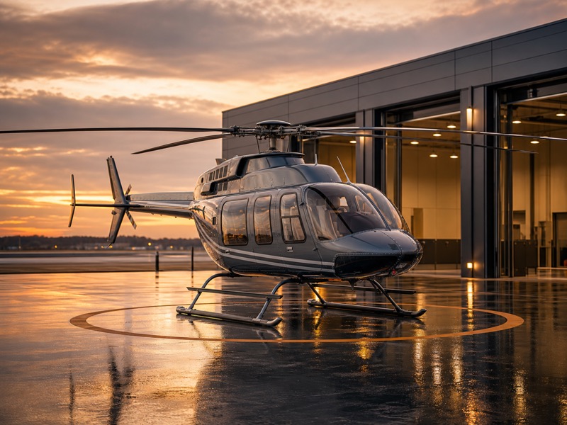 Bell 407GXi helicopter on a helipad at dusk