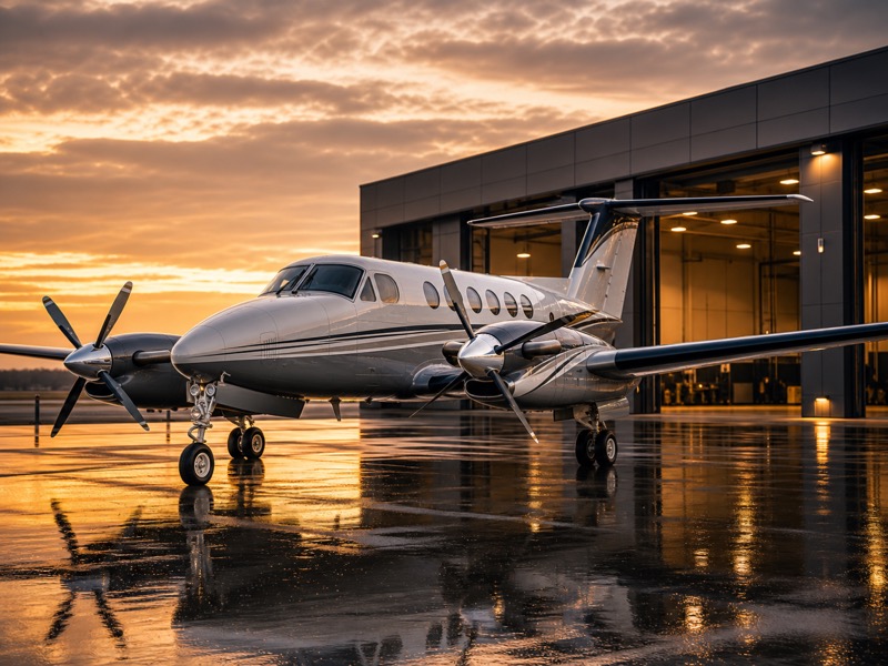 King Air 350i twin turboprop on the apron at dusk
