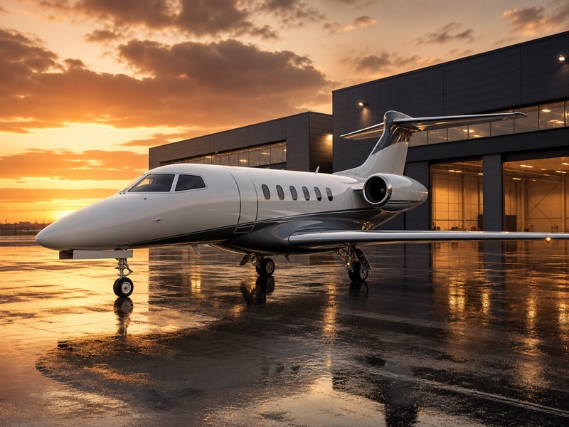 Embraer Phenom 300E light jet on a wet apron at sunset