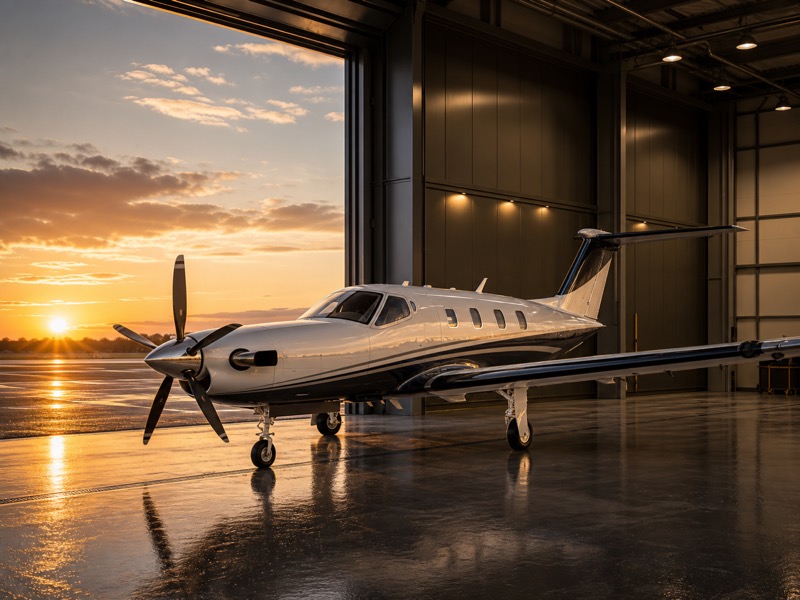 Daher TBM 960 turboprop in a hangar at sunset